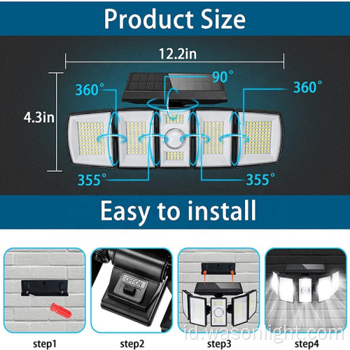 Outdoor Professional 300LED 6500K Disesuaikan 5 Kepala Sensor Gerakan Nirkabel Lampu Dinding Keamanan Banjir Surya